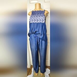 🔥🔥🔥Blue Lace-Trimmed Chambray 2-piece